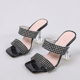 Fligmm Sexy Green Rhinestone Women's Clear High Heels Slippers Summer Party Dress Shoes Female Crystal PVC Transparent Sandals 0410