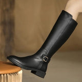 Fligmm Pu Leather Knee Boots for Women Shoes Buckle Metal Decoration Fashion Outdoor Ladies Footwear Size 34-41 Long Black Botas