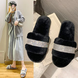 Fligmm Luxury Rhinestone Women Warm Fur Slippers Cozy Fluffy Furry Slides Crystal Flat Indoor Design Home Shoes Ladies 43