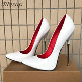 Fligmm Glossy White 16cm Extremely High Metal Heels Women Sexy Pointy Toe Slip On Stiletto Pumps Big Size Stable Shoes 35-46