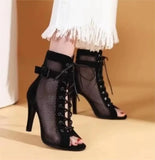 Fligmm Hollowed Mesh Heels Belt Buckle Women's Summer Beige Lace-up Sexy Open Toe Boots Stiletto Jazz Dance Party Ladies Shoes