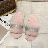 Fligmm Luxury Rhinestone Women Warm Fur Slippers Cozy Fluffy Furry Slides Crystal Flat Indoor Design Home Shoes Ladies 43