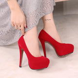 Fligmm High Heels Shoes Flock Platform Heeled Shoes Pumps Women Night Club Thin Heel Sexy Plus Big Size 14cm Black Red Tacones