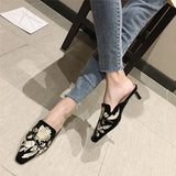 Fligmm Women Slippers Pointed Toe Slip on Half Slippers Fashion Elegant Embroider Mules Autumn Outdoor Casual Ladies Middle Heel Slides