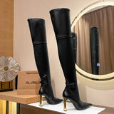 Fligmm Autumn Winter Soft Leather Stretch Women Thigh high Boots Elegant Pointed toe High heels Over the knee Boots Party Shoes