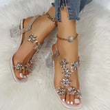 Fligmm Women Sandals Pvc Crystal Butterfly Decoration Chunky Heel Peep Toe Back Strap Elastic Band Elegant Fashion Shoes Ladies