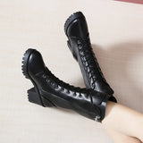 Fligmm and Winter New Women's Mid-calf Boots Black Thick Heel Size 35-41 Motorcycle Boots Women 7cm High Heel Goth Boots Shoes