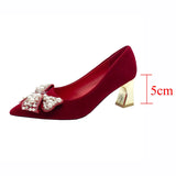 Fligmm Elegant Ladies Red Silk Wedding Bride Shoes Pearl Bowknot Pointed Toe Pumps Women Sexy Party Dress High Heels Shoes Woman