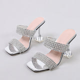 Fligmm Sexy Green Rhinestone Women's Clear High Heels Slippers Summer Party Dress Shoes Female Crystal PVC Transparent Sandals 0410