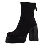 Fligmm for Women 2024 Fashion Winter Women Boots Mid-Calf Solid Color Flock High Heels Water Proof Zipper Chunky Heel Shoes Women