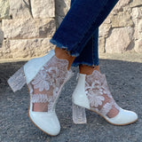 Fligmm Sexy Black Mesh Embroider Ankle Boots for Women Summer 2024 Crystal Square Heels Boots Woman white Lace Short Botas mujer