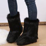 Fligmm Women's Winter Snow Boots Outdoor Luxury Furry Faux Fox Fur Boots Woman Plush Warm Platform Shoes New Fashion Bottes Big Size 0410