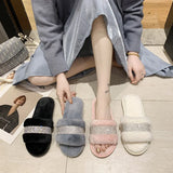 Fligmm Luxury Rhinestone Women Warm Fur Slippers Cozy Fluffy Furry Slides Crystal Flat Indoor Design Home Shoes Ladies 43