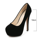 Fligmm High Heels Shoes Flock Platform Heeled Shoes Pumps Women Night Club Thin Heel Sexy Plus Big Size 14cm Black Red Tacones