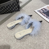 Fligmm Mule Shoes Women's Fluffy 2024 Summer Dress Elegant Slingback Sandals Party Slide Simple and Shallow Cut Style