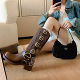 Fligmm Combat Boots Zip Chuny Heel Buckle Vintage Fashion Casual Luxury Designer Western Mid Calf Boots Shoes Woman