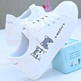 Fligmm Women Sneakers Fashion Breathble Vulcanized Shoes Pu Cute Cat Cartoon Lace Up Casual White Women Shoes Zapatos De Mujer Female