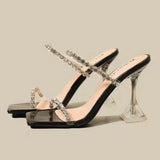 Fligmm Summer Sexy Fashion Open Toe Women's Sandals Water Diamond Shining Square Headed Banquet Women's High Heels Large Design