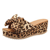 Fligmm Bowknot Wedge Sandals for Women Leopard Print Chunky Platform Sandalias Mujer 2024 Summer Thick Sole Slippers Plus Size