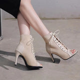 Fligmm Summer Shoes Thin Heels ANKLE Boots Women Lace-up Peep Toe Shoes Solid Womens Designer Boots Hollow Sexy Boots High Heel