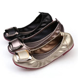 Fligmm Flats Crystal Square Metal Buckle Foldable Ballet Flats Women Shoes Ballerina Cozy Soft Bottom Moccasins Plus Size 35-41