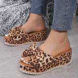 Fligmm Bowknot Wedge Sandals for Women Leopard Print Chunky Platform Sandalias Mujer 2024 Summer Thick Sole Slippers Plus Size