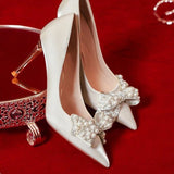 Fligmm Pearl Bowknot Wedding Bridal Shoes for Women 2024 Sexy Pointed Toe Stiletto Heel Pumps Woman Beige Satin High Heels Shoes