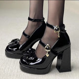 Fligmm Heart Buckle High Heels Pumps Women 2024 Autumn Y2K Black Chunky Platform Lolita Shoes Woman Bowtie Thick Heel Gothic Shoes