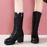 Fligmm and Winter New Women's Mid-calf Boots Black Thick Heel Size 35-41 Motorcycle Boots Women 7cm High Heel Goth Boots Shoes