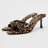 Fligmm New European and American High Quality Women Shoes Bow Knot Leopard Print High Heel Slippers Women Slippers