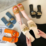 Fligmm New Fashion Women's Slippers Square Toe Chain Slippers Flat Slide Sandals Beach Flip Flops Metal Decoration Casual Shoes