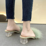 Fligmm Fluffy Peep Toe Sexy High Heels Women Shoes Fur Feather Lady Fashion Wedding Slip-On Pink Square Sandals Tacones Mujer