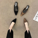 Fligmm Women Slippers Pointed Toe Leopard Design Shallow Slip on Thin Low Heels Black Flock Design Casual Mules Loafers Black Outdoor