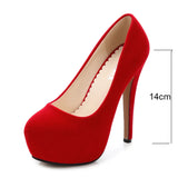 Fligmm High Heels Shoes Flock Platform Heeled Shoes Pumps Women Night Club Thin Heel Sexy Plus Big Size 14cm Black Red Tacones