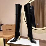 Fligmm Autumn Winter Soft Leather Stretch Women Thigh high Boots Elegant Pointed toe High heels Over the knee Boots Party Shoes