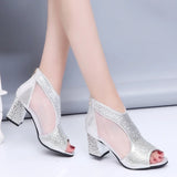 Fligmm Women Sandals Rhinestone Thick High Heels Fashion Woman Shoes Ladies Buckle Open Toe Sandals Feamle Casual Platform Shoes