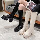 Fligmm Heel Platform Long Boots for Women Black Patent Leather Knee High Boots Woman Winter 2024 Thick High Heels Punk Shoes