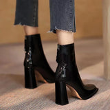 Fligmm ANKLE BOOTS Winter Square Toe Retro Thick Heel Short Boots Women's Single Boots After Zipper High Heel Nude Boots