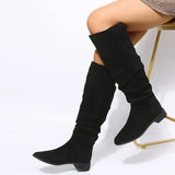 Fligmm Pleated Boots Women Black Nude Faux Suede Flock Knee High Boot Ladies Flat Autumn Winter Dress Shoe 43 Solid Slip on Botas