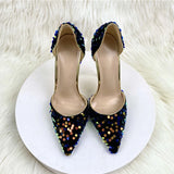 Fligmm Blue Bling Sequins Women Sexy Extremely High Heels Pointed Toe Slip On Stiletto Chic Pumps Ladies Party Wedding Shoes