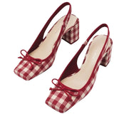 Fligmm Women Chunky Heeled Sandals Retro Square Toe Mary Janes Pumps Shoes Slingbacks Spring Summer High Heels Baotou Plaid Shoes