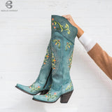 Fligmm Women's Embroidered Western Knee High Boots Cowboy Cowgirls Over The Knee Boots For Women Flower Chunky Denim Shoes 0410