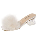 Fligmm Fluffy Peep Toe Sexy High Heels Women Shoes Fur Feather Lady Fashion Wedding Slip-On Pink Square Sandals Tacones Mujer