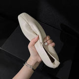 Fligmm Women Flat Shoes Genuine Leather Sheepskin Comfort Flats Slip On Silver Beige Simple Shoes Spring Autumn Soft Loafers Square Toe