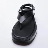 Fligmm Women Shoes Black Flat Leather Fashion Sandals Lace up Thick Soled Ankle Strap Sandals For Women Pinch Toe Flip Flops