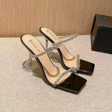 Fligmm Summer Sexy Fashion Open Toe Women's Sandals Water Diamond Shining Square Headed Banquet Women's High Heels Large Design