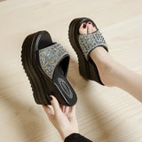 Fligmm Rhinestone Wedges Heel Women Slippers Platform Shoes Peep Toe Height Increasing Slides Ladies Sandals Zapatos De Mujer