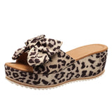 Fligmm Bowknot Wedge Sandals for Women Leopard Print Chunky Platform Sandalias Mujer 2024 Summer Thick Sole Slippers Plus Size