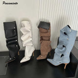 Fligmm style Autumn Winter Rivet Button Pleated Women Knee-high Boots Fashion Pointed toe PU Leather Thin High heels Boots Shoes