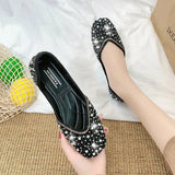 Fligmm crystal pearl studs ballet shoes women square toe slip on loafers cozy shallow cut-out ballerina flats moccasins female